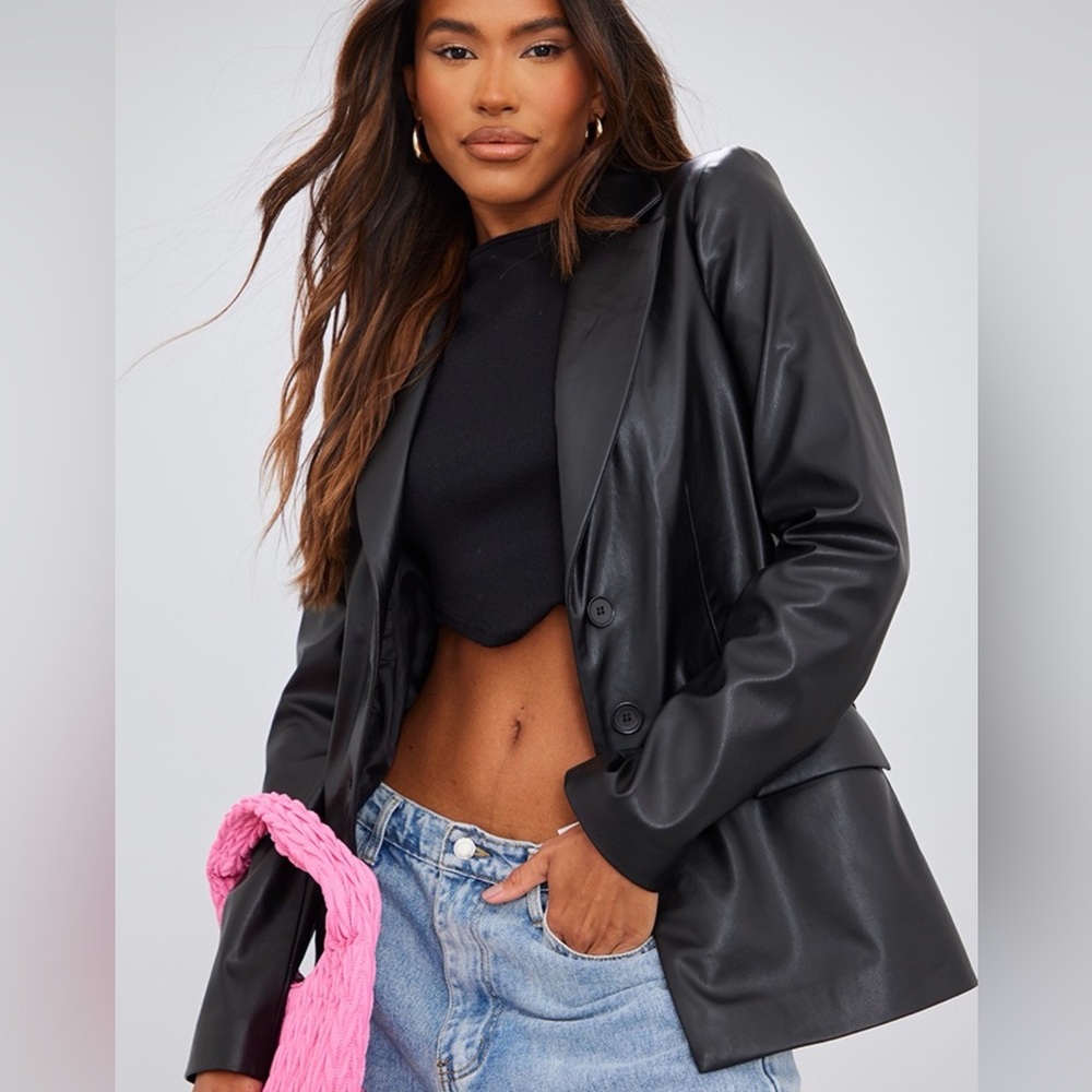PrettyLittleThing Black Faux Leather Blazer